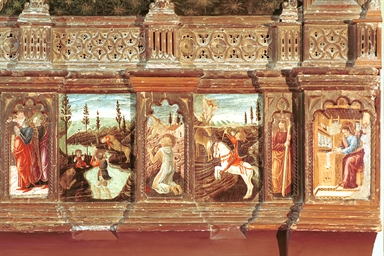 Madonna in trono con Bambino, angeli e angeli musicanti, santi e storie di Sant'Eustachio